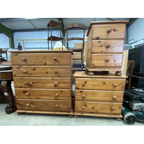 68 - Pine five drawer chest 98H 89W 43D, pine three drawer chest 63H 69W 43D & a pine three drawer bedsid... 