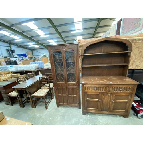83 - Oak linen fold dresser 175H 111W 48D, oak leaded glazed corner cupboard 176H 72W 33D and an oak drop... 