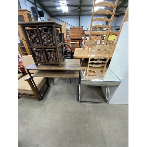 91 - Contemporary chrome 'X' framed occasional table 51H 56W 56D, desk 75H 77W 40D & four drawer wicker u... 