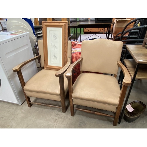 93 - Pair of oak framed library chairs 58W etc