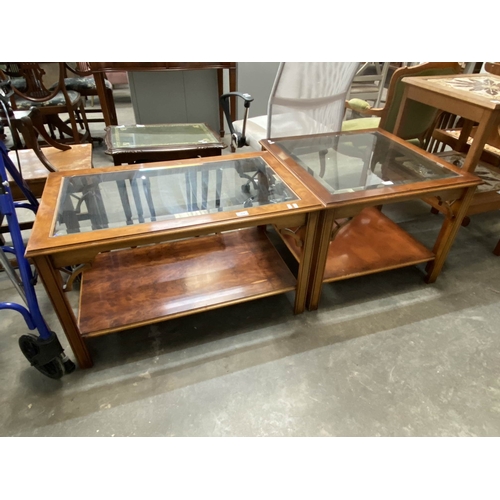 26 - 2 walnut framed coffee tables 55H 92W 54D & 55H 70W 70D