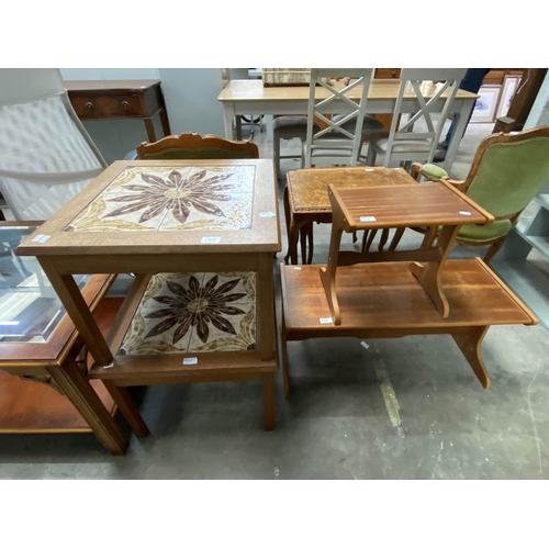 27 - 2 mid century teak & tiled top occasional tables 41H 53W 53D, mid century teak coffee table  etc