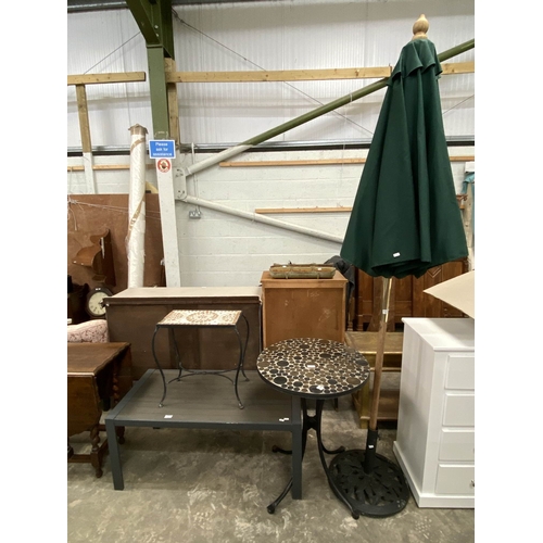 38 - Mosaic topped garden table 49H 50W 30D, garden parasol in green with cast base, mosaic topped garden... 