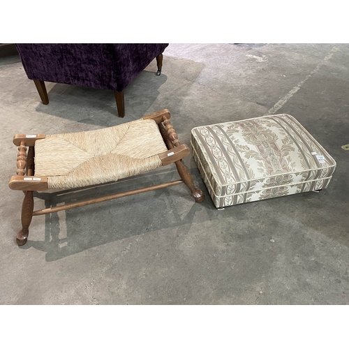 54 - Upholstered footstool 18H 55W 46D & an Arts & Crafts oak, rush seated stool 33H 80W 33D