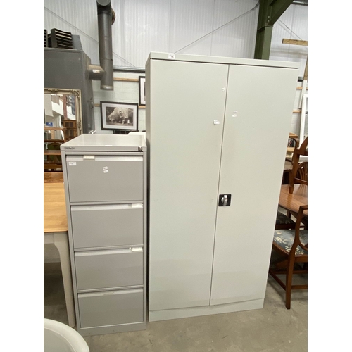 55 - Bisley four drawer metal filing cabinet 132H 47W 62D with one key & a metal two door office cupboard... 