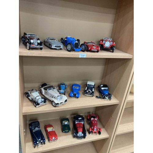 289 - 3 shelves die cast and plastic models incl. Burago Jaguar SS-100 1937, Bugatti Atlantic 1936, Merced... 