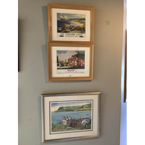 296 - Two framed 1930's style railway poster pictures 33x41cm & a framed signed Brian Fletcher watercolour... 