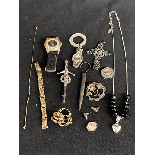 348 - Mixed collectables & jewellery inc. silver babies rattle (as seen), filigree brooch, Mustang 15 Rubi... 