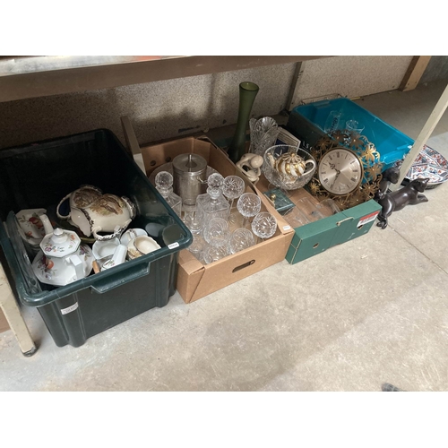 477 - 4 boxes of mixed pottery, glassware, mirrored serving tray, Metamec clock, Imari lazy Susan etc.