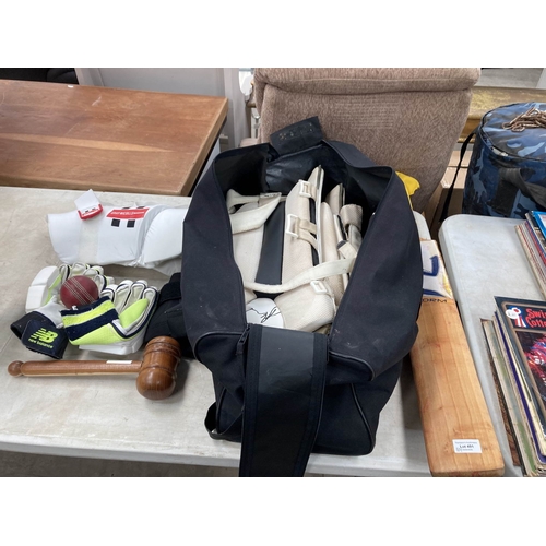 491 - Bag of cricket gear incl. Nick Nixon Storm bat, Gray-Nicholls all in one 360 thigh pad, pads, gloves... 