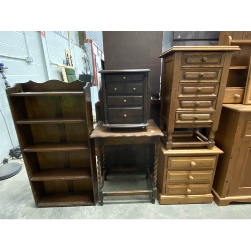 126 - Pine five drawer chest 79H 46W 36D, pine bedside chest 57H 50W 38D, oak barley twist occasional tabl... 