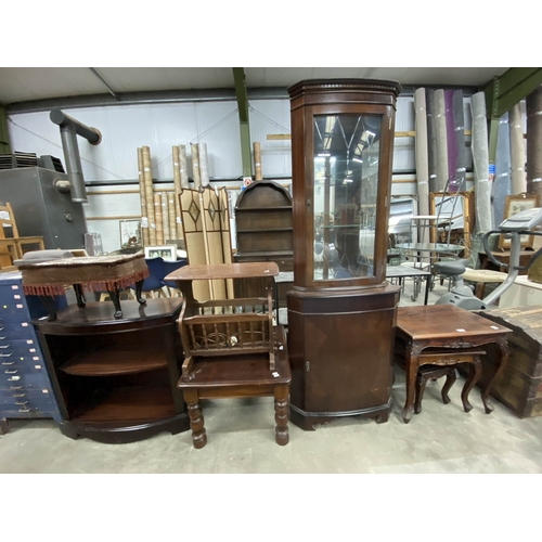 138 - Assorted furniture including a hardwood nest of three tables 58H 60W 44D, mahogany bookcase 77H 76W ... 