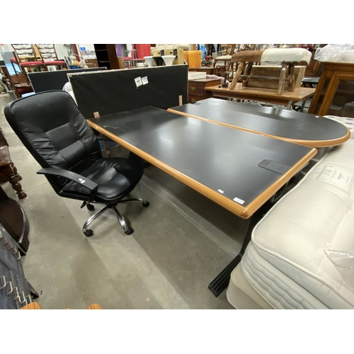 145 - 2 modern office desks 77H 180W 79D & 75H 160W 80D with a black swivel office chair