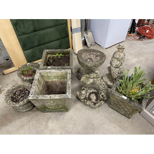 159 - 5 stone effect garden planters, a bird bath and 2 garden figurines, in various sizes