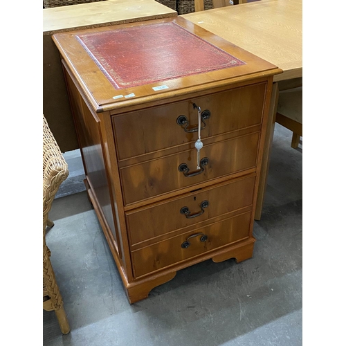 Yew wood two drawer filing cabinet with red leather inset 80H 54W 69D