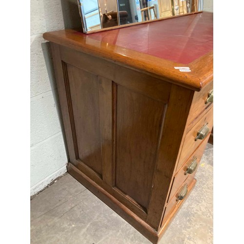 27 - Victorian mahogany pedestal campaign desk with brass handles and red leather inset 77H 122W 60D