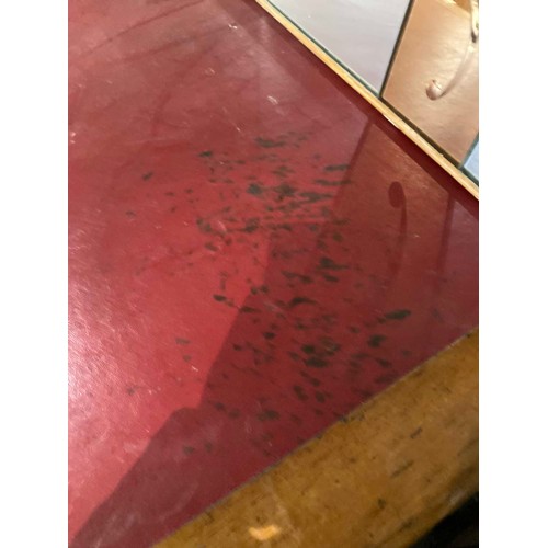 27 - Victorian mahogany pedestal campaign desk with brass handles and red leather inset 77H 122W 60D