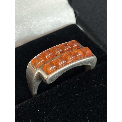 925 silver & amber set ring, size P 1/2