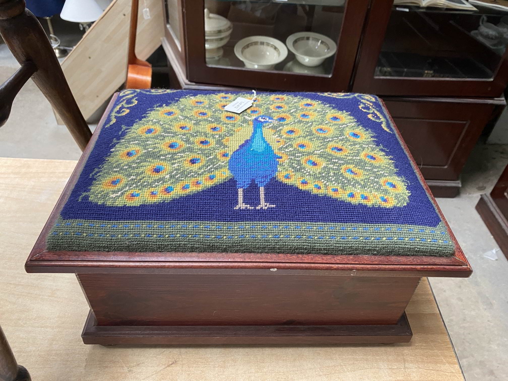 Peacock wool work design topped sewing box/foot stool 40W 18H 31D