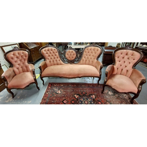 21 - 3 Piece Suite – Butterfly Sofa + Pair Cabriole Leg Armchairs