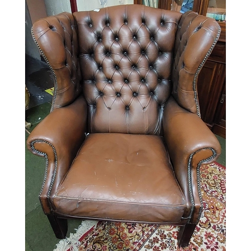 432 - Gents Deep Button Leather Wing-Back Armchair