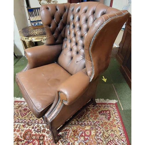 432 - Gents Deep Button Leather Wing-Back Armchair