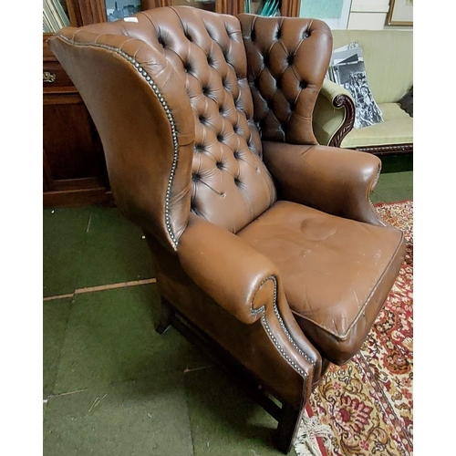 432 - Gents Deep Button Leather Wing-Back Armchair