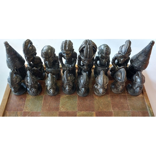 195 - Chess Set + Board With Large African Figures In Tribal Dress