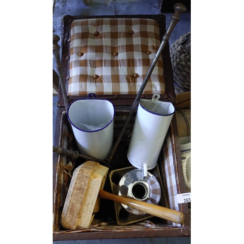 265 - Lidded Box + Contents Incl. 2 Enamel Jugs