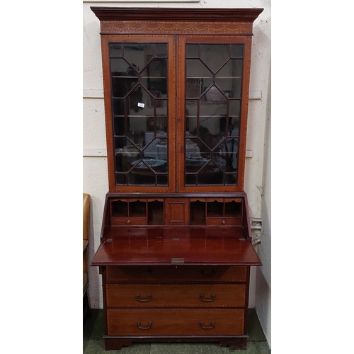 482 - Edwardian Mah. Inlaid Secretaire Bookcase