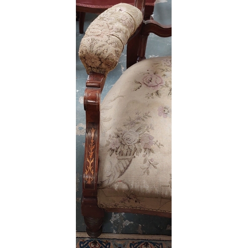 183 - Mahogany Inlaid Deep Buttoned 2-Seater Edwardian Couch - C. 123cm W x 58cm D x 95cm H