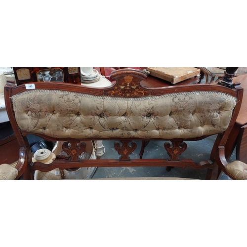 183 - Mahogany Inlaid Deep Buttoned 2-Seater Edwardian Couch - C. 123cm W x 58cm D x 95cm H