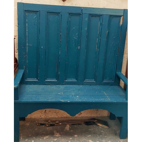 188A - Blue Painted Pine Panelled Bench - C. 132cm W x 50cm D x 147cm H