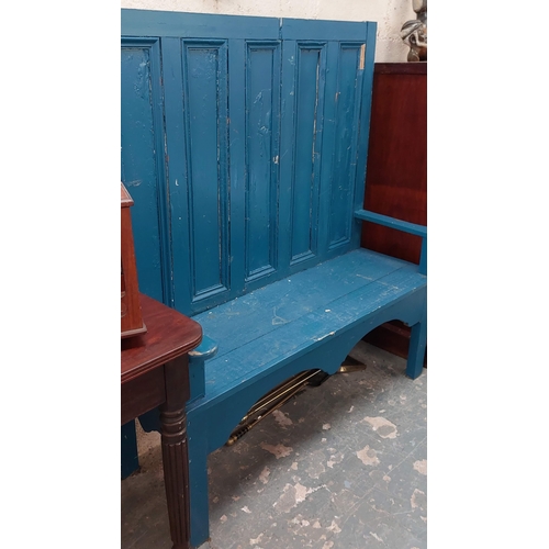 188A - Blue Painted Pine Panelled Bench - C. 132cm W x 50cm D x 147cm H