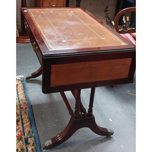 209 - Leather Topped Mahogany 2 Drawer Sofa Table on Paw Feet Brass Castors - C. 103cm W x 61cm D x 77cm H