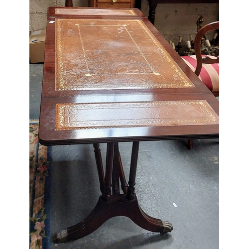 209 - Leather Topped Mahogany 2 Drawer Sofa Table on Paw Feet Brass Castors - C. 103cm W x 61cm D x 77cm H