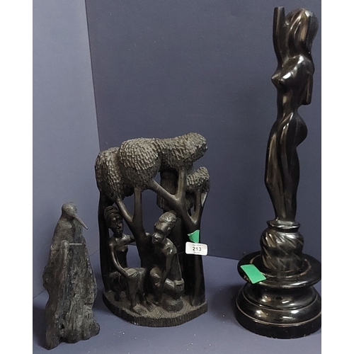 213 - 3 Carved Figures inc 2 Ebony Carved Figures & a Bog Oak Figure