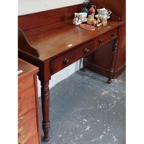 286 - Georgian Mahogany Side Table with Raised Gallery Back and 2 Drawers - C. 122cm W x 54cm D x 97cm H