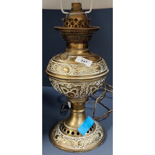 344 - Brass Table Lamp and Shade (Victorian Oil Lamp)