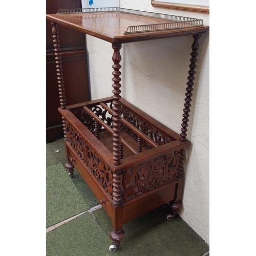 413A - Victorian Walnut Barley Twist Canterbury Sheet Music Stand with Brass Gallery Rail Top, Fretwork Det... 