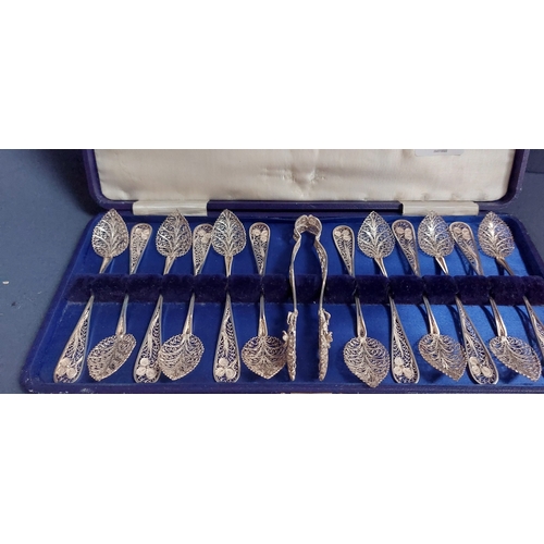 422 - Cased Set Filigree Spoons and Sugar Tongs