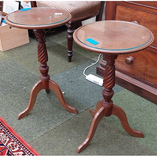 447 - Pair of Mahogany Wine Tables with Barley Twist Stem (Inc Glass Tops)