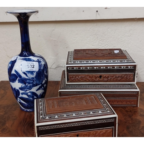 532 - Blue Phoenix Ware Vase, & 3 Carved Wooden Indian Boxes