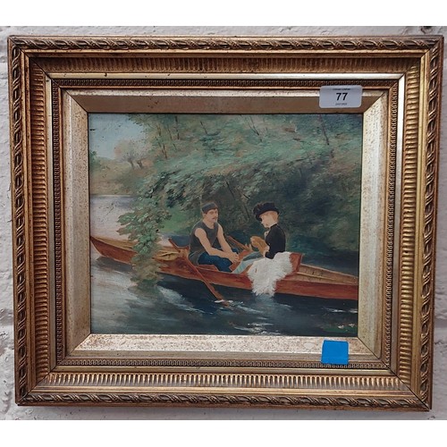 77 - Pair of Gilt Framed Oil on Board Lovers Scenes