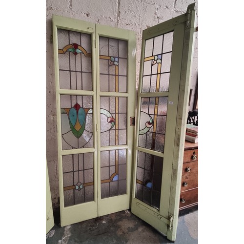 216 - 2 Sets of 3 Hinged Leaded Glass Panelled Doors. C. 130cm W x 203cm H