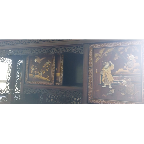 140 - Carved Oriental Japaned Fretwork Display Cabinet - C. 128cm W x 41cm D x 222cm H