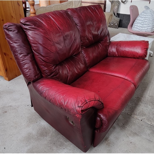 127 - Red Leather Reclining 2 Seater Sofa - C. 160cm