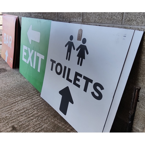 427 - 9 Metal Clad Signs - Bar, Toilets, Exit - C. 120cm x 120cm