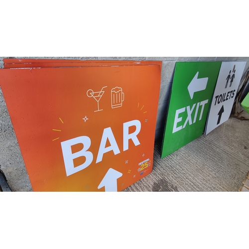 427 - 9 Metal Clad Signs - Bar, Toilets, Exit - C. 120cm x 120cm