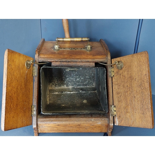 20 - Victorian Lined Oak Coal Scuttle and Shovel with Handle Opening Mechanism